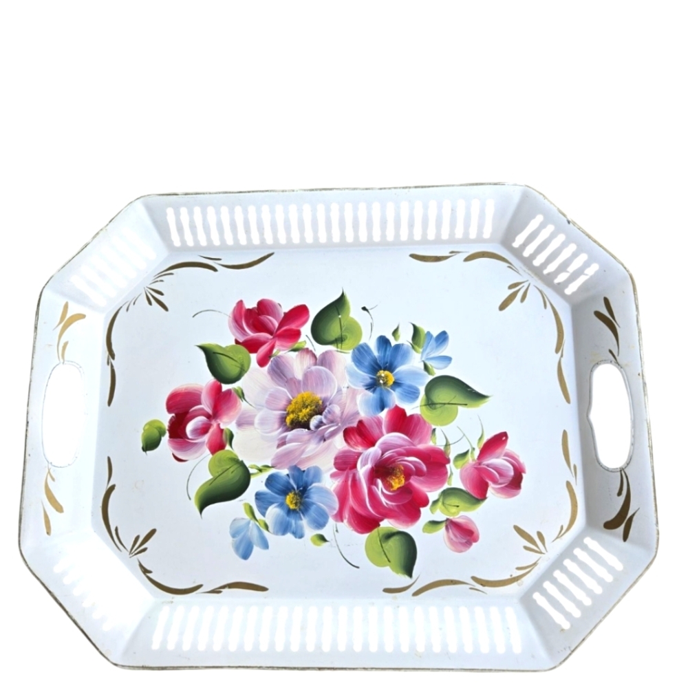 Vintage handpainted floral Rubel Tolewear metal Tray